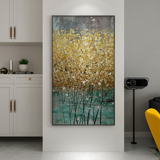 Golden Floral Serenity: Elegant Oil Painting for Modern Home Decor