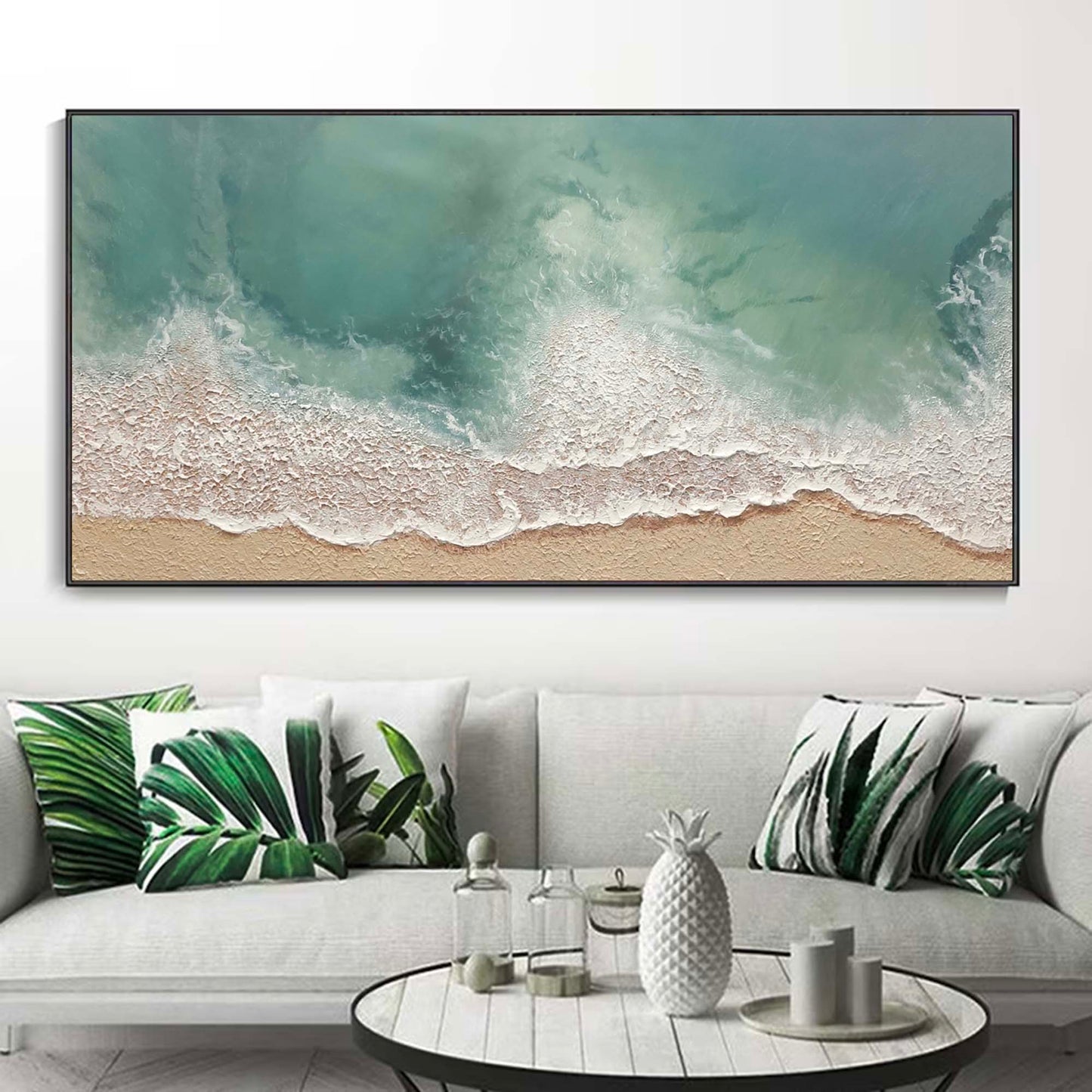 Serene Ocean Waves and Tranquil Beach Oil Painting for Coastal Home Decor