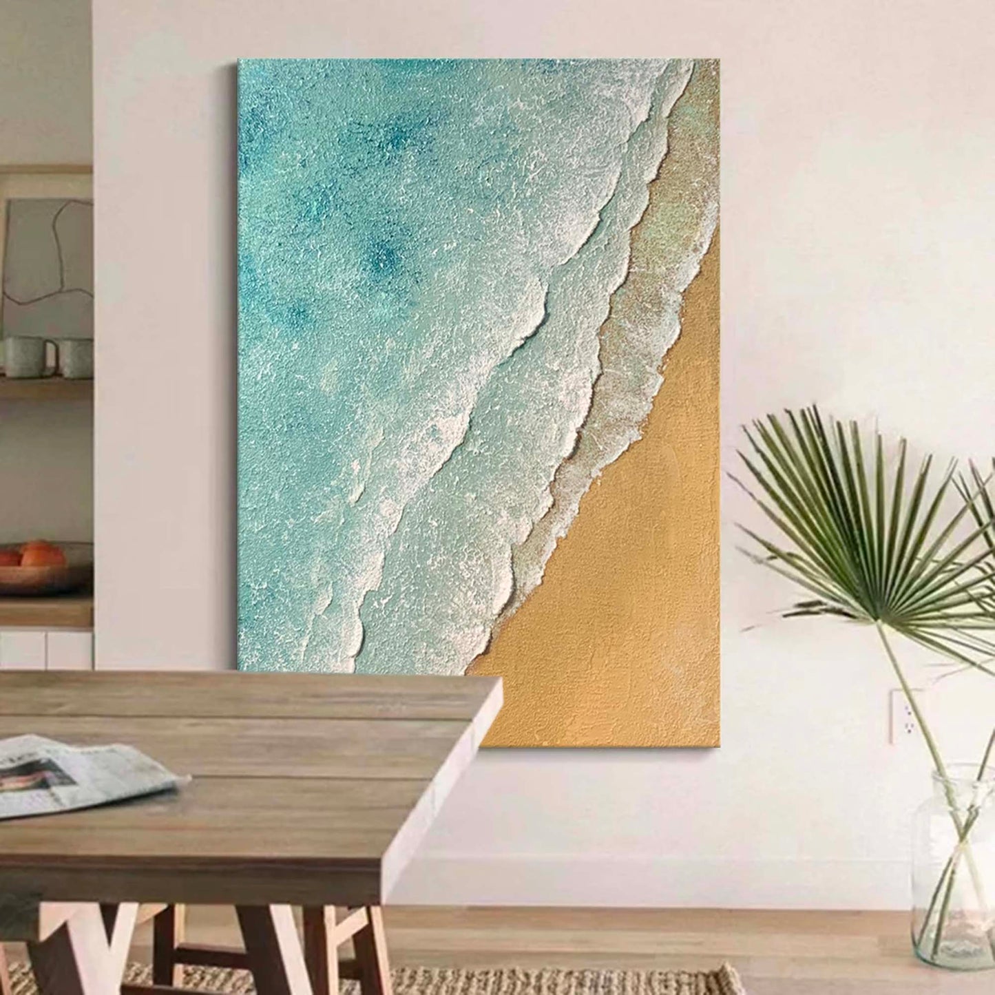 Serene Minimalist Ocean and Beach Oil Painting for Coastal Decor