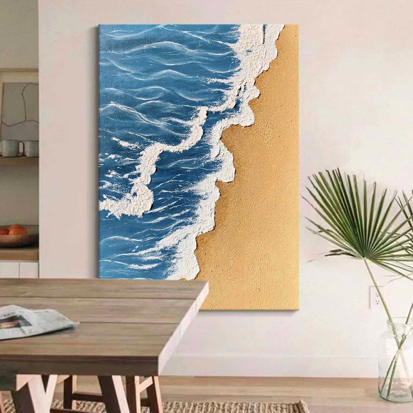 Serene Minimalist Oil Painting of Beach Waves and Golden Sand