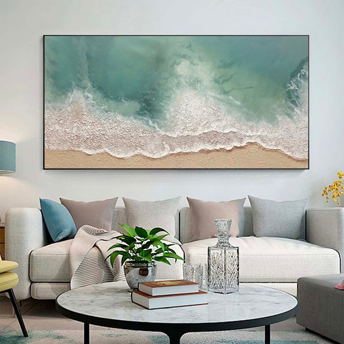 Serene Ocean Waves and Tranquil Beach Oil Painting for Coastal Home Decor