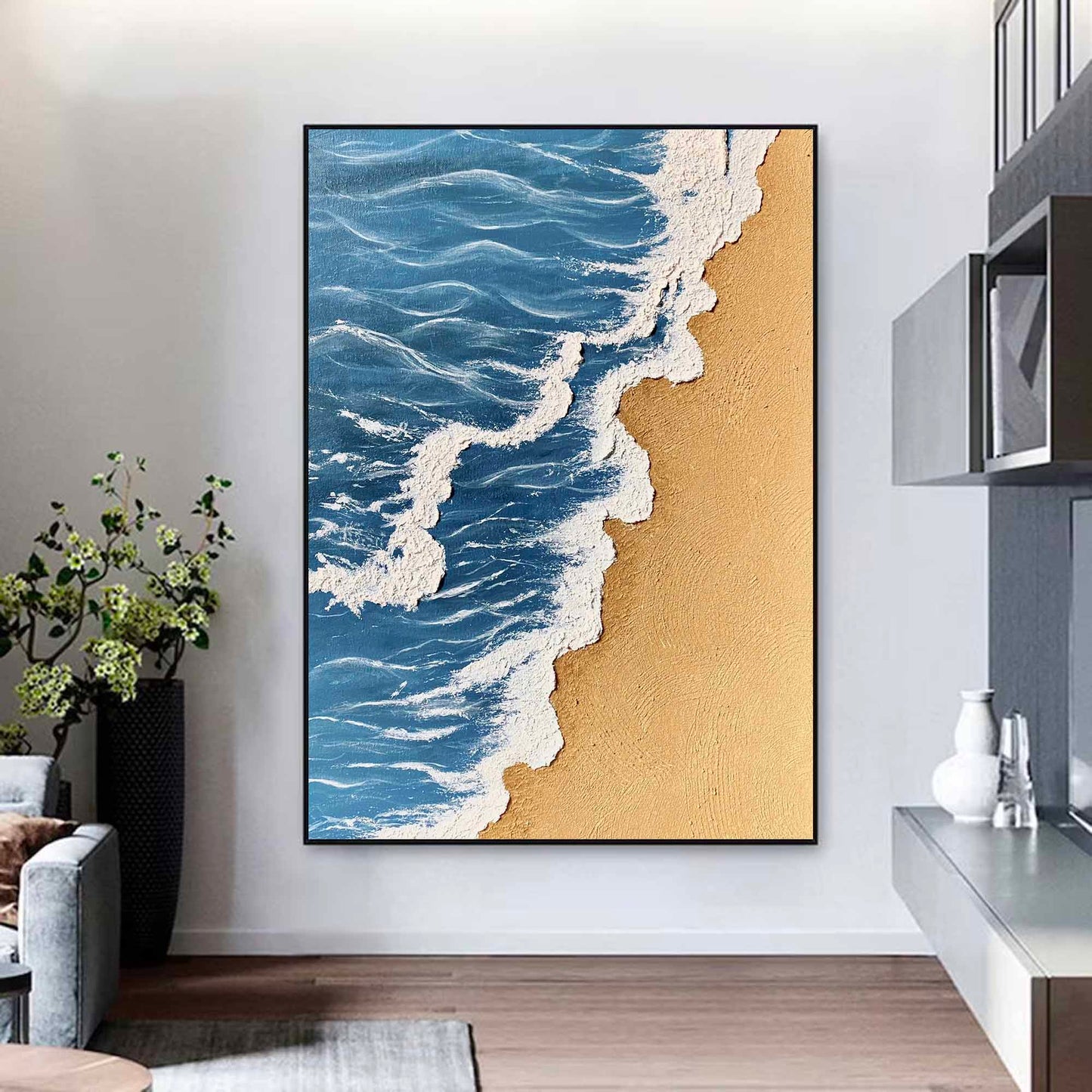 Serene Minimalist Oil Painting of Beach Waves and Golden Sand