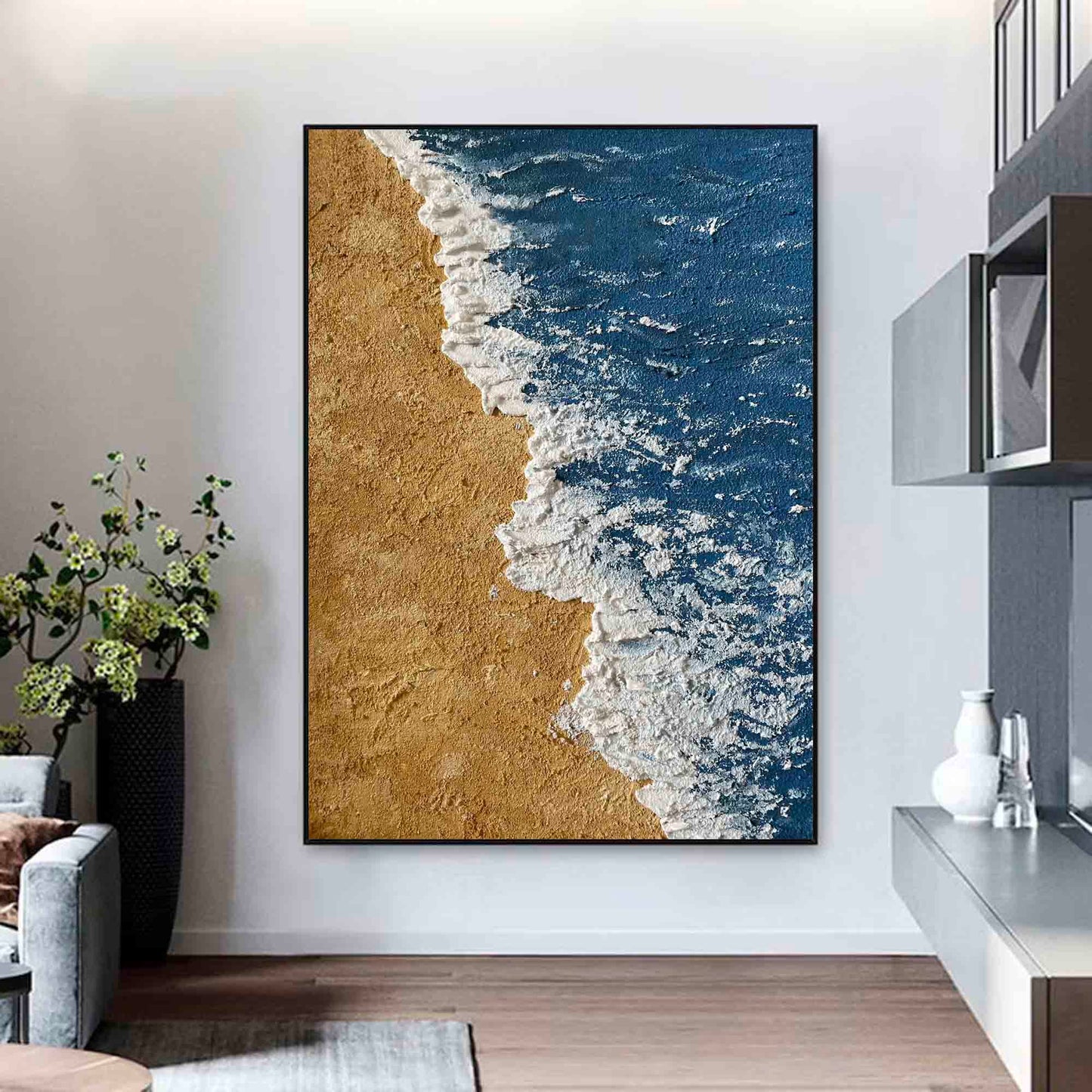 Serene Ocean Waves and Sandy Beach Oil Painting for Coastal Decor