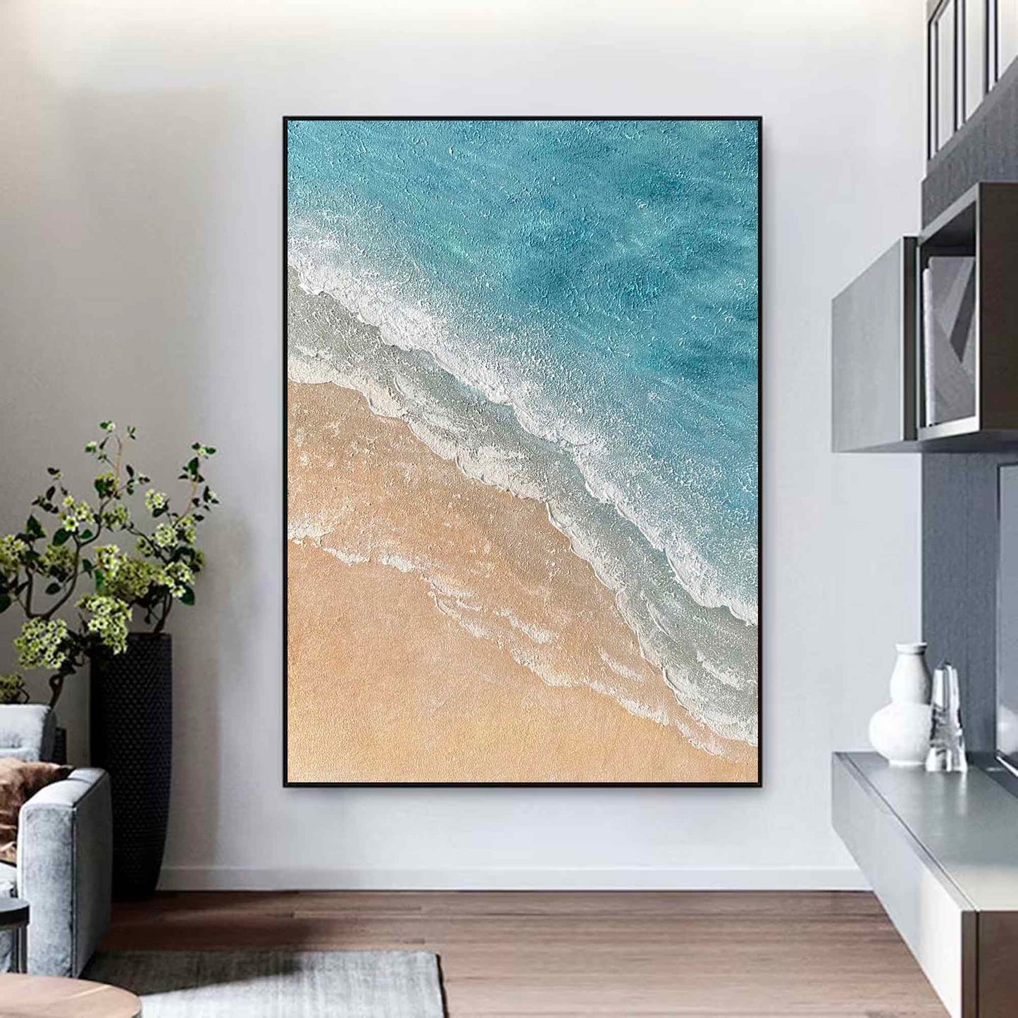 Serene Minimalist Beach Oil Painting with Calm Ocean Waves