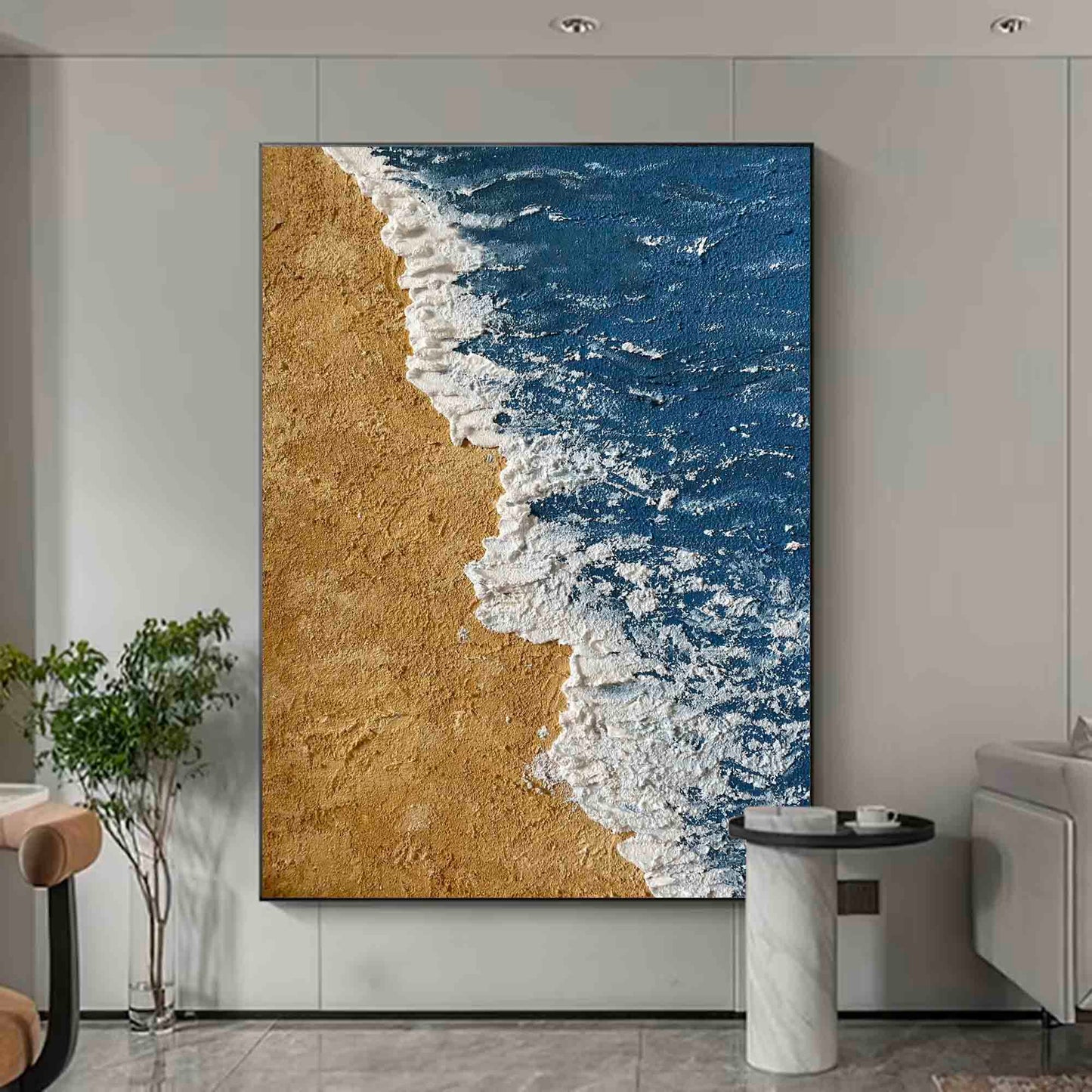 Serene Ocean Waves and Sandy Beach Oil Painting for Coastal Decor