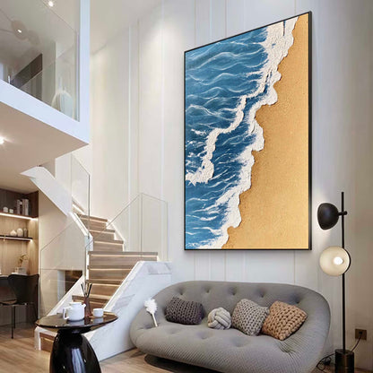 Serene Minimalist Oil Painting of Beach Waves and Golden Sand