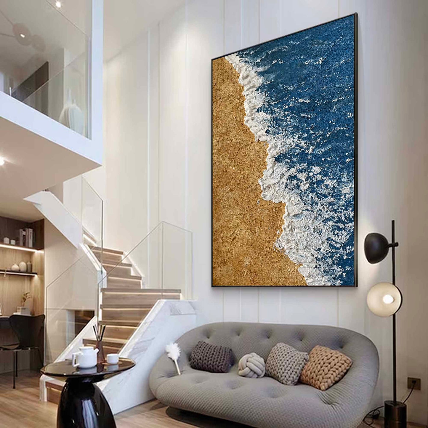 Serene Ocean Waves and Sandy Beach Oil Painting for Coastal Decor