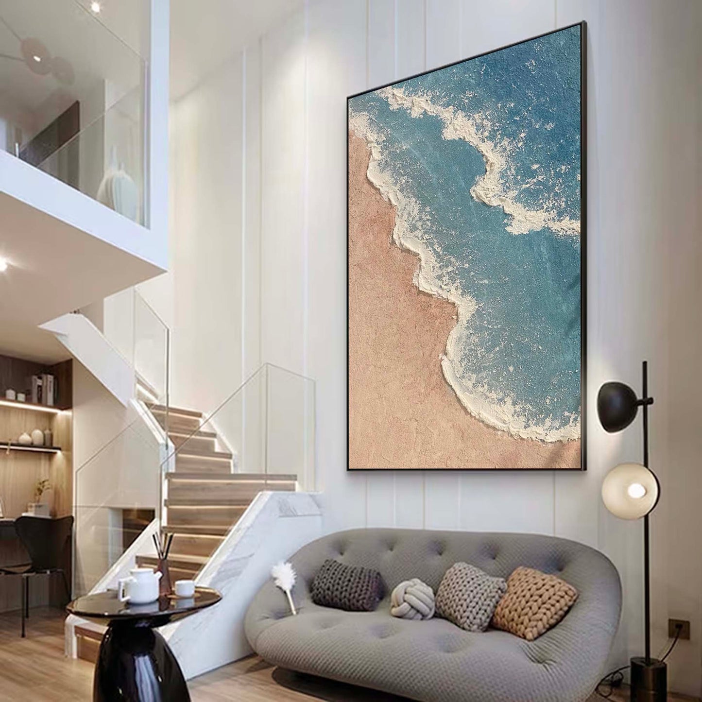 Serene Minimalist Ocean Landscape Oil Painting for Tranquil Home Decor