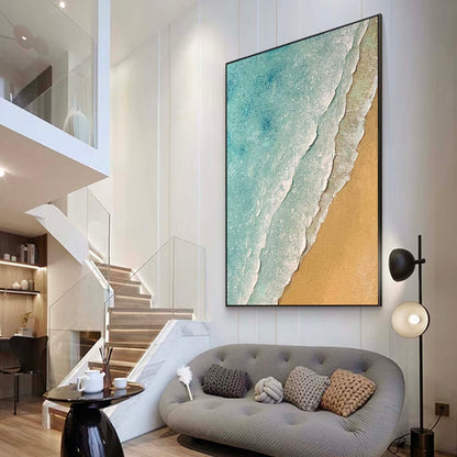 Serene Minimalist Ocean and Beach Oil Painting for Coastal Decor