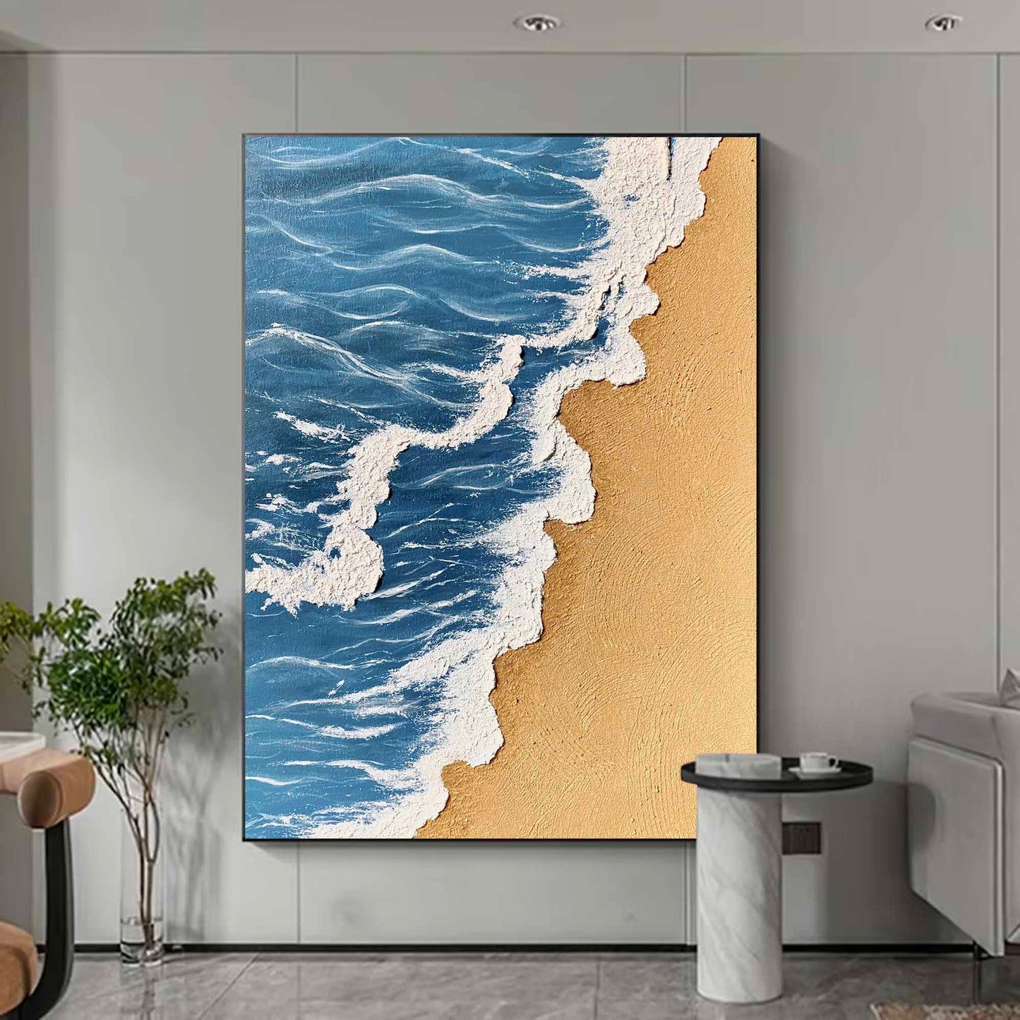 Serene Minimalist Oil Painting of Beach Waves and Golden Sand