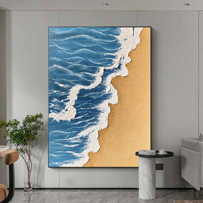 Serene Minimalist Oil Painting of Beach Waves and Golden Sand