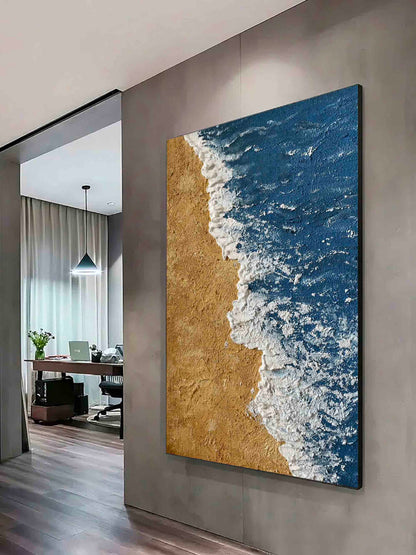 Serene Ocean Waves and Sandy Beach Oil Painting for Coastal Decor