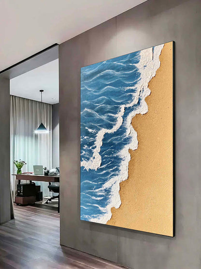 Serene Minimalist Oil Painting of Beach Waves and Golden Sand