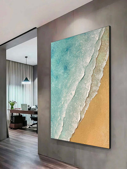 Serene Minimalist Ocean and Beach Oil Painting for Coastal Decor