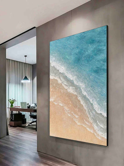 Serene Minimalist Beach Oil Painting with Calm Ocean Waves