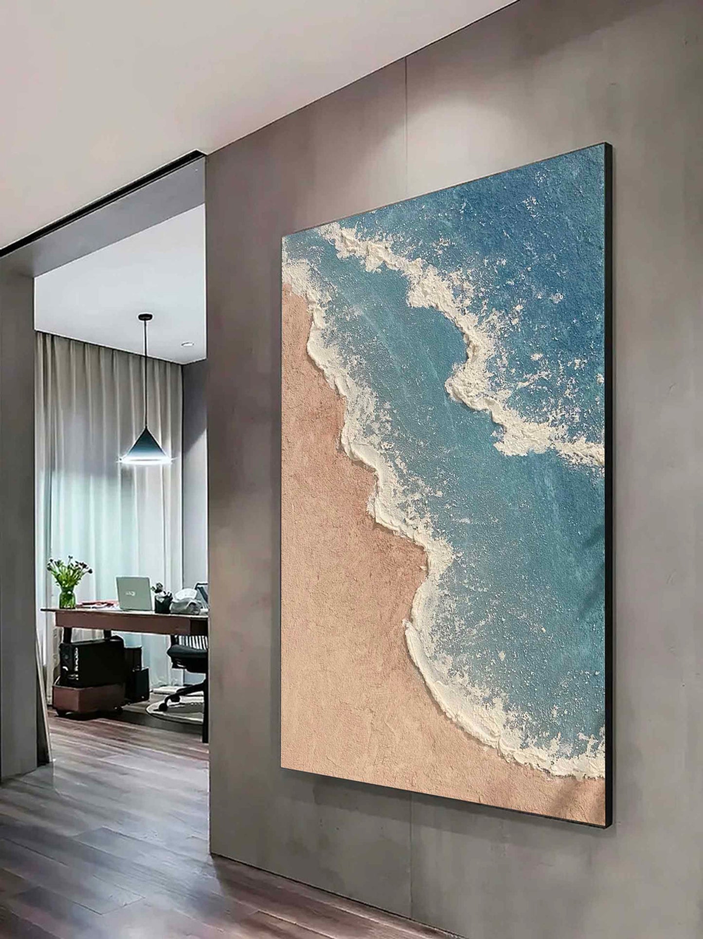 Serene Minimalist Ocean Landscape Oil Painting for Tranquil Home Decor