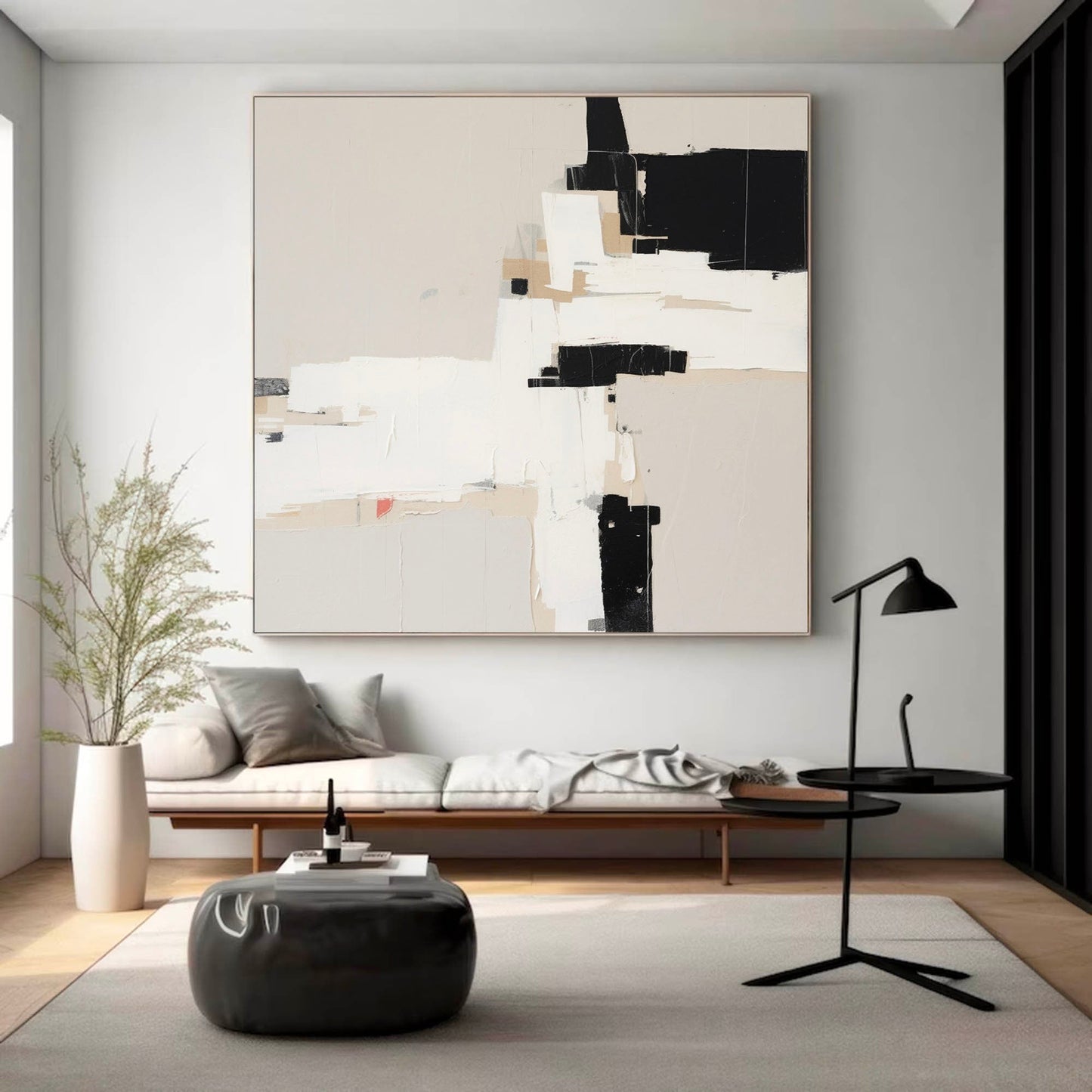 Modern Minimalist Abstract Oil Painting in Black and White for Contemporary Decor