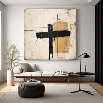 Contemporary Minimalist Black and Gold Abstract Oil Painting for Elegant Home Decor