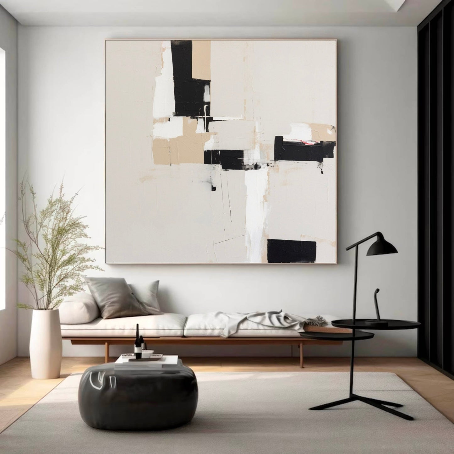 Contemporary Minimalist Black and White Abstract Oil Painting for Modern Decor