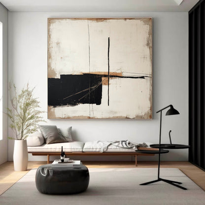 Contemporary Minimalist Black and White Abstract Oil Painting for Modern Decor