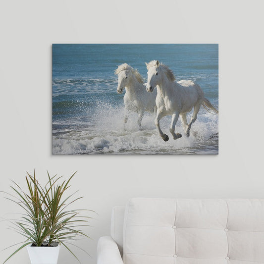 Dynamic Camargue Horses Sprinting at Sunrise on the Beach Oil Painting