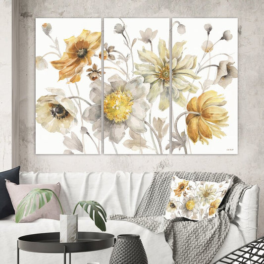 Elegant Floral Trio Canvas Art - Golden Watercolor Flower Arrangement for Home Decor