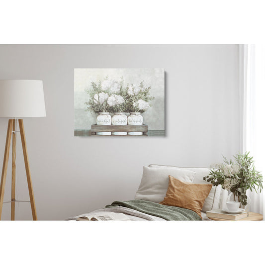 Modern Farmhouse Framed Wall Art with White Flower Jars and Hydrangeas