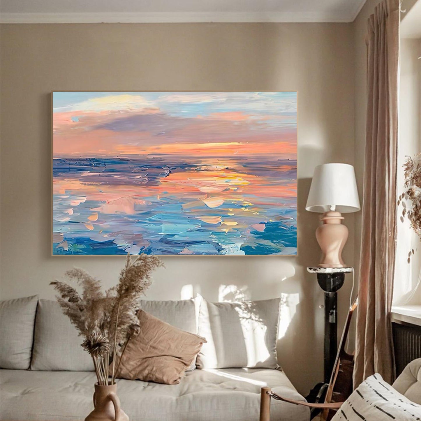Serene Ocean Sunset Oil Painting for Coastal Home Decor