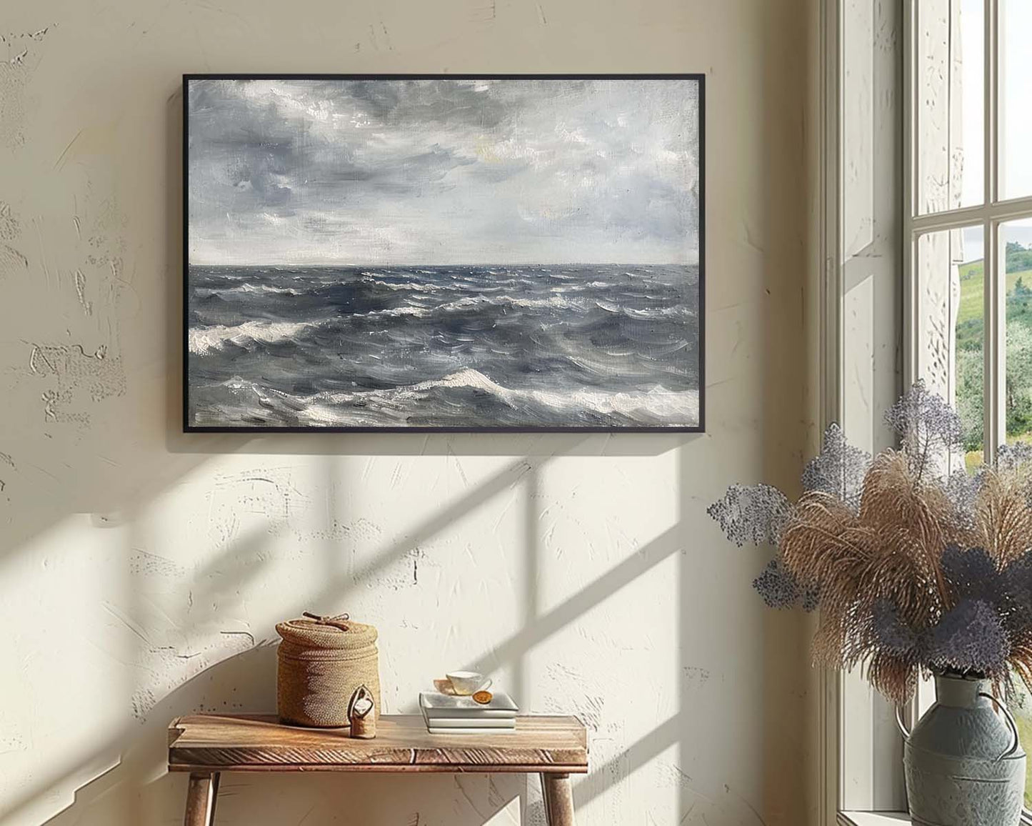 Serene Ocean Waves Oil Painting in Soft Grays and Blues for Timeless Home Decor