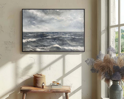 Serene Ocean Waves Oil Painting in Soft Grays and Blues for Timeless Home Decor