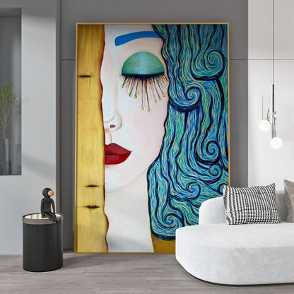 Whimsical Woman with Flowing Hair - Colorful Oil Painting for Home Decor