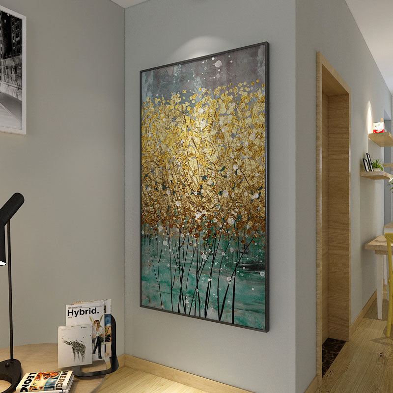 Golden Floral Serenity: Elegant Oil Painting for Modern Home Decor