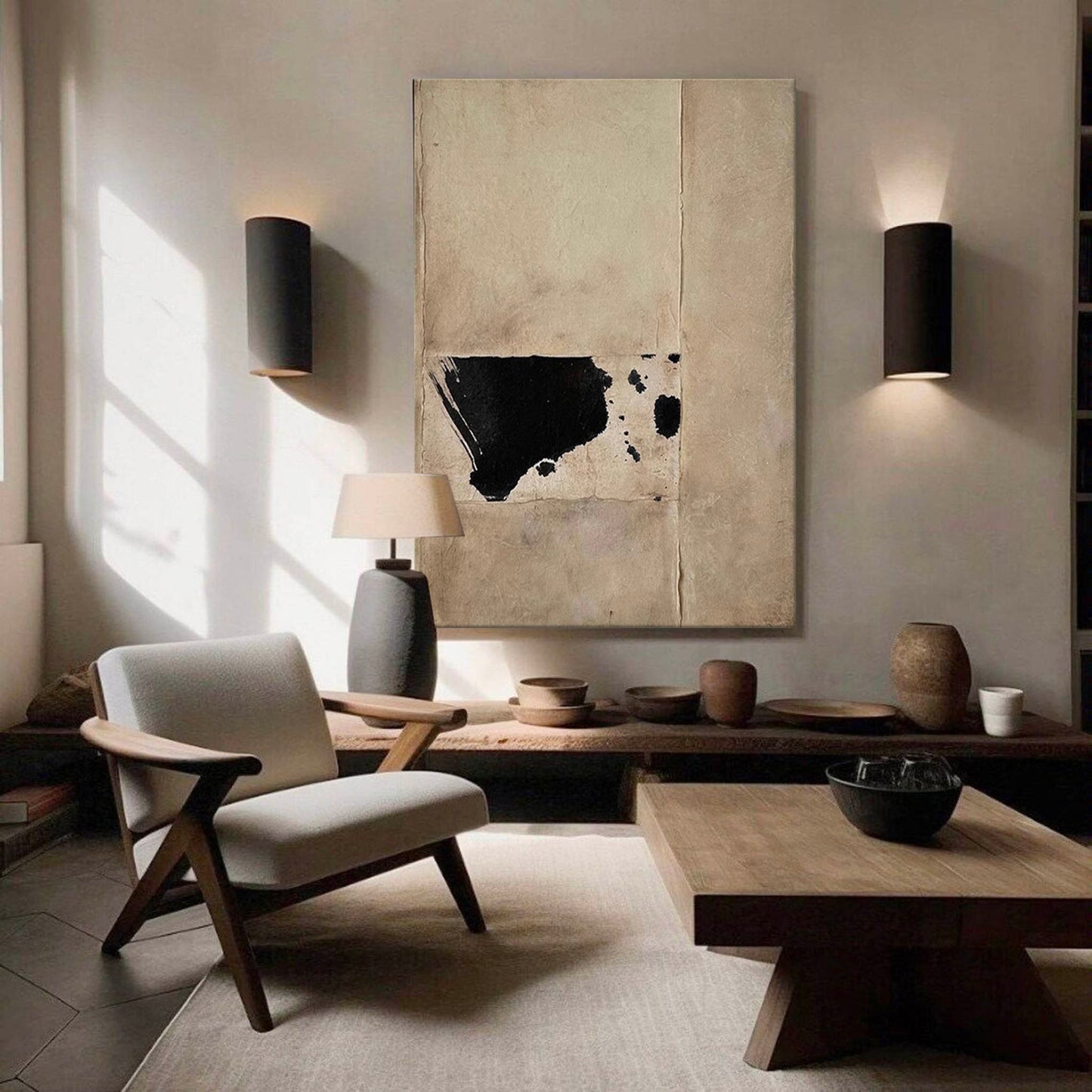 Contemporary Minimalist Black and White Abstract Oil Painting for Modern Decor