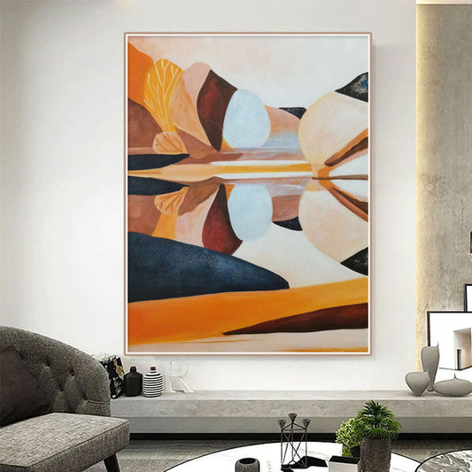 Tranquil Landscape Oil Painting with Serene Water Reflections in Warm Tones