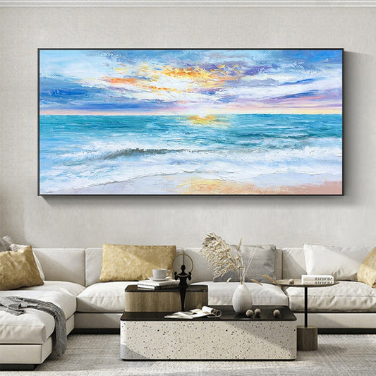 Vibrant Ocean Sunset Oil Painting – Serene Coastal Wave Art for Home Decor