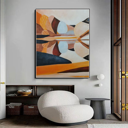 Tranquil Landscape Oil Painting with Serene Water Reflections in Warm Tones