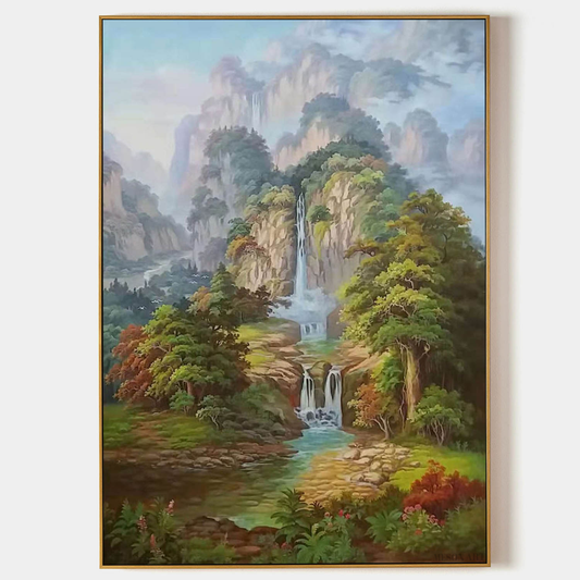 Serene Waterfall Landscape Oil Painting for Tranquil Home Décor