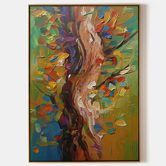 Vibrant Abstract Tree Oil Painting with Colorful Leaves and Textured Brushstrokes