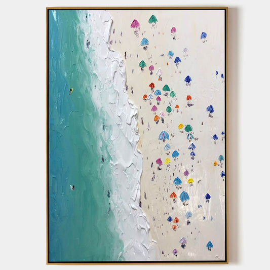 Vibrant Coastal Escape Oil Painting with Colorful Beach Umbrellas