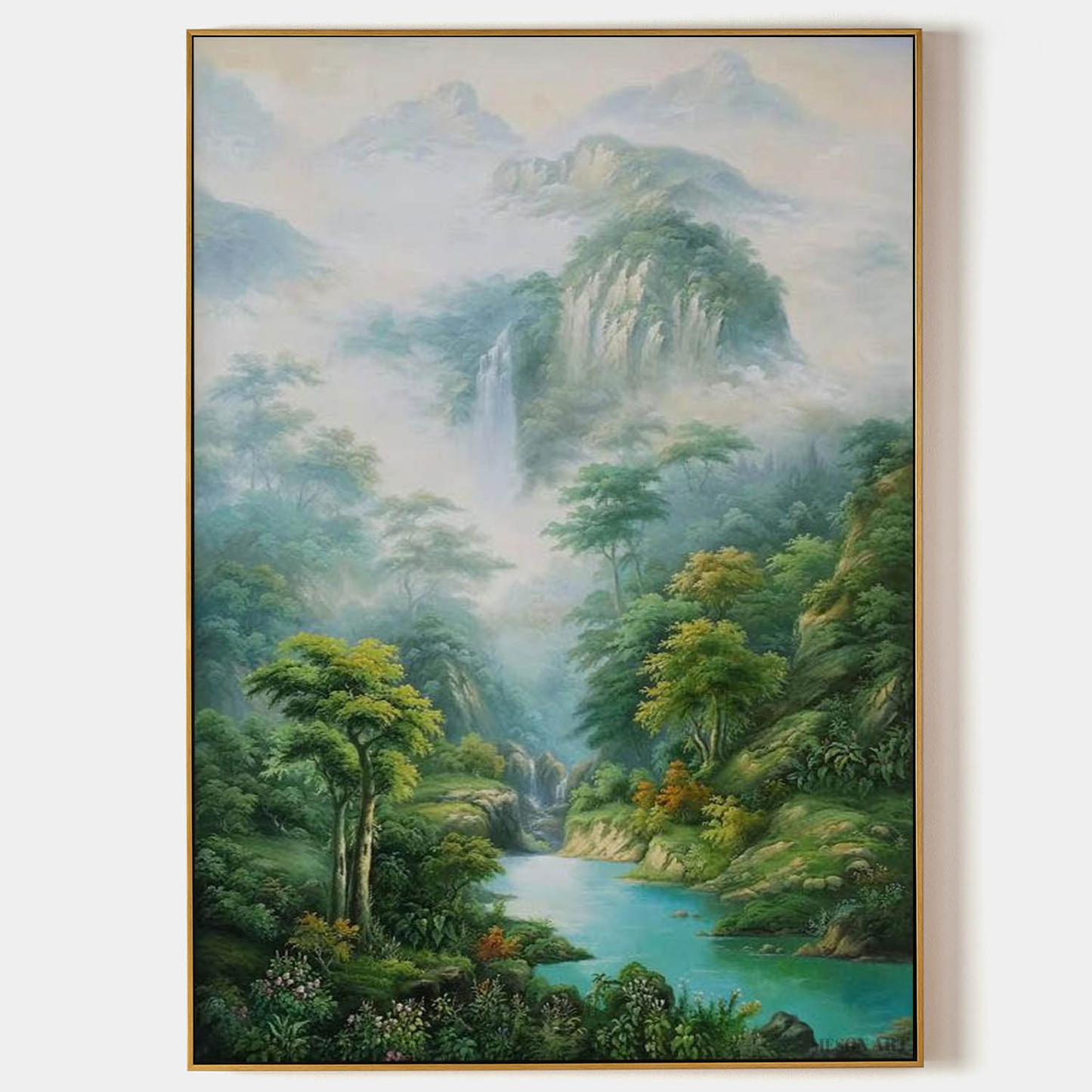 Serene Landscape Oil Painting of Lush Forest and Tranquil Waterfall in Hyperrealistic Style