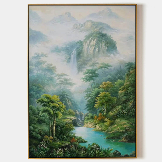 Serene Landscape Oil Painting of Lush Forest and Tranquil Waterfall in Hyperrealistic Style