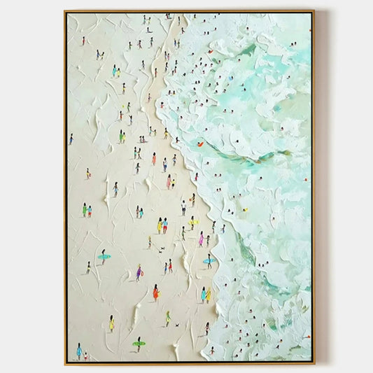 Vibrant Beach Scene Oil Painting with Textured Ocean Waves and Colorful Bathers