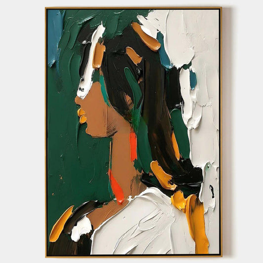 Vibrant Abstract Oil Painting of a Woman in Profile on Deep Green Background