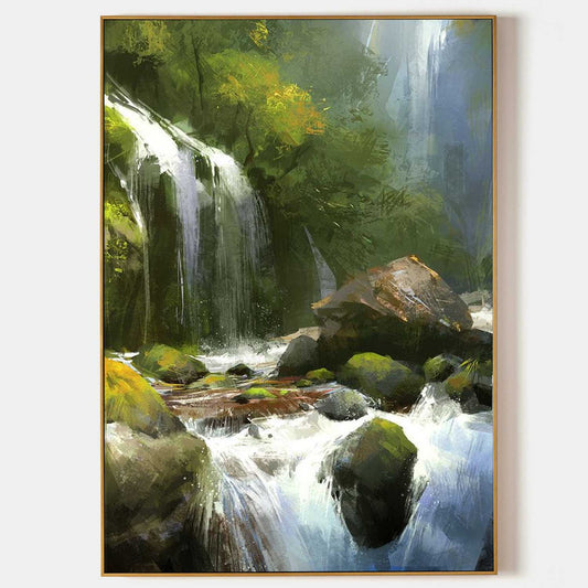 Lush Waterfall Landscape Oil Painting - Captivating Nature Art for Home Decor
