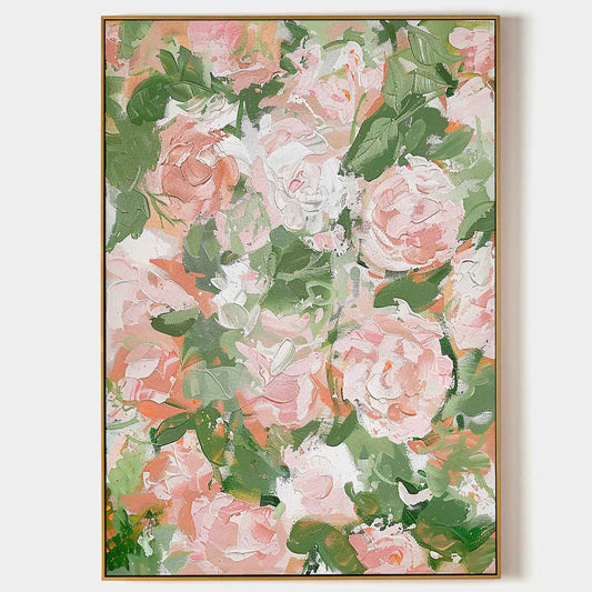 Vibrant Floral Oil Painting with Soft Pink and Green Hues for Elegant Home Decor