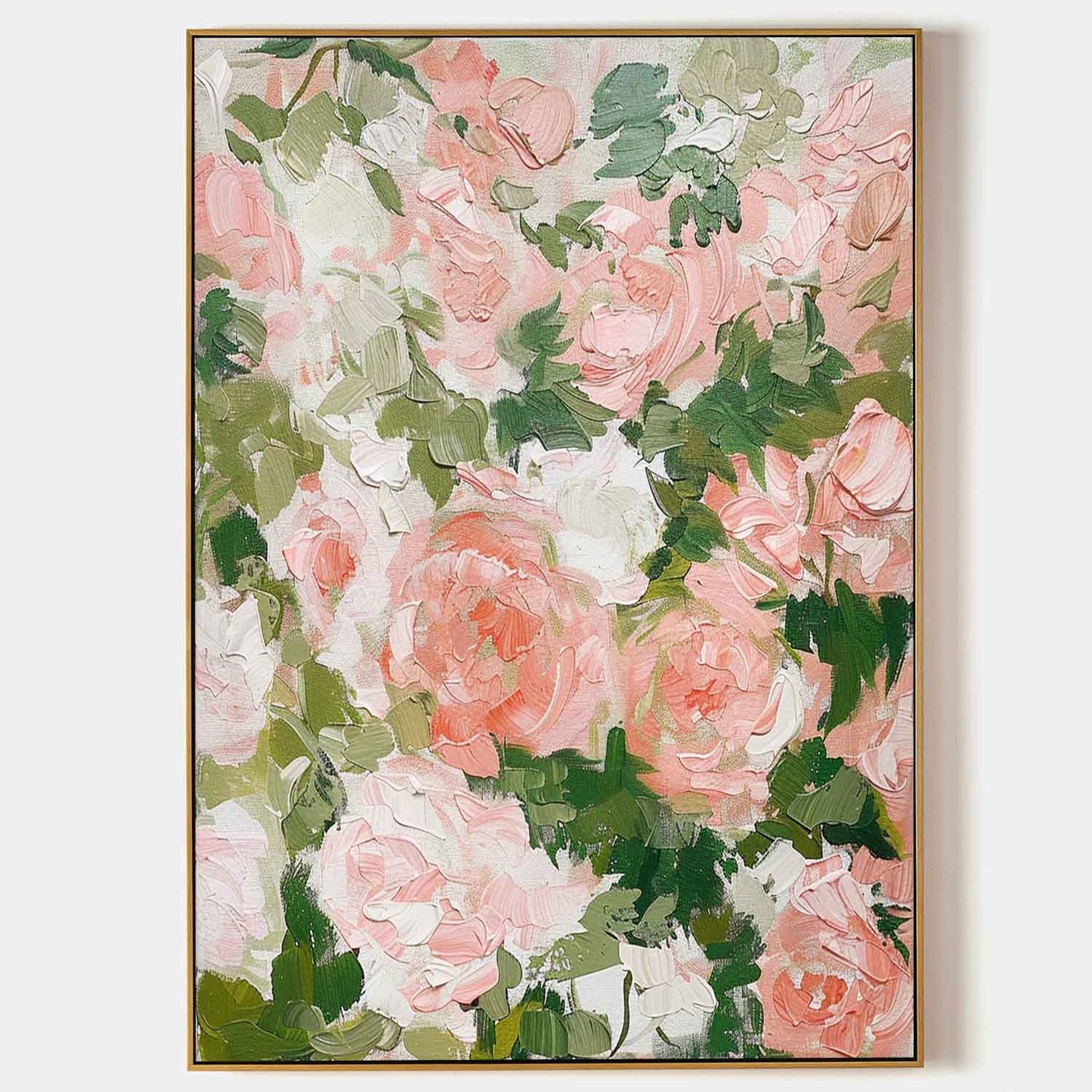 Vibrant Floral Oil Painting with Pink Roses and Green Leaves for Elegant Home Decor