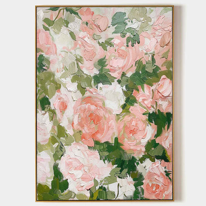 Vibrant Floral Oil Painting with Pink Roses and Green Leaves for Elegant Home Decor