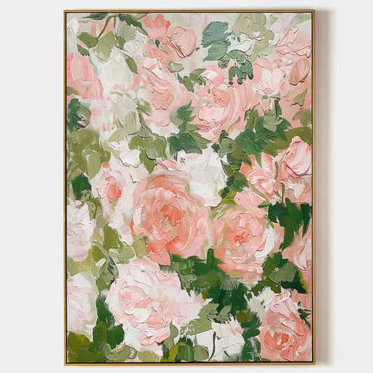 Vibrant Floral Oil Painting with Pink Roses and Green Leaves for Elegant Home Decor