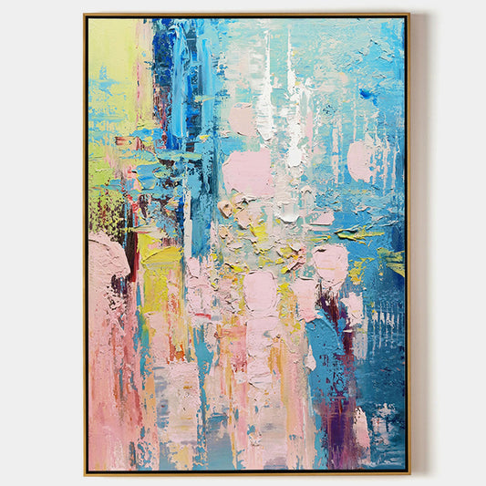 Vibrant Abstract Oil Painting with Blue and Pink Hues for Modern Home Decor