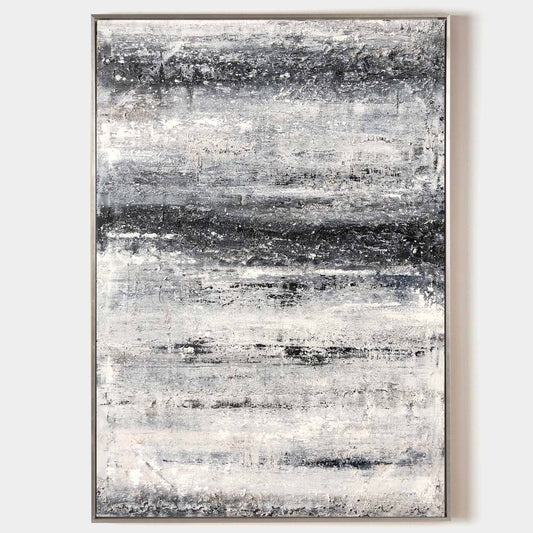 Monochrome Coastal Serenity: Abstract Black and White Beach Oil Painting